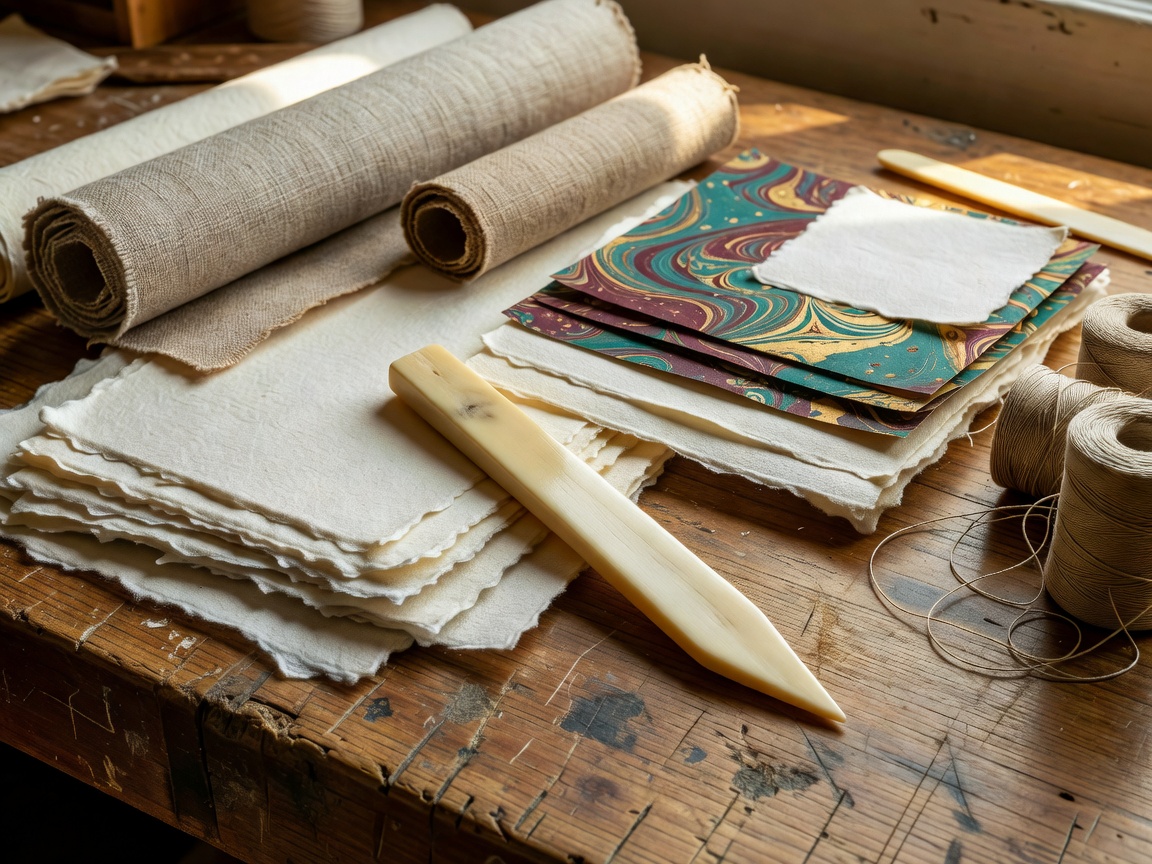 Bookbinding bone folder and linen threads on cutting mat