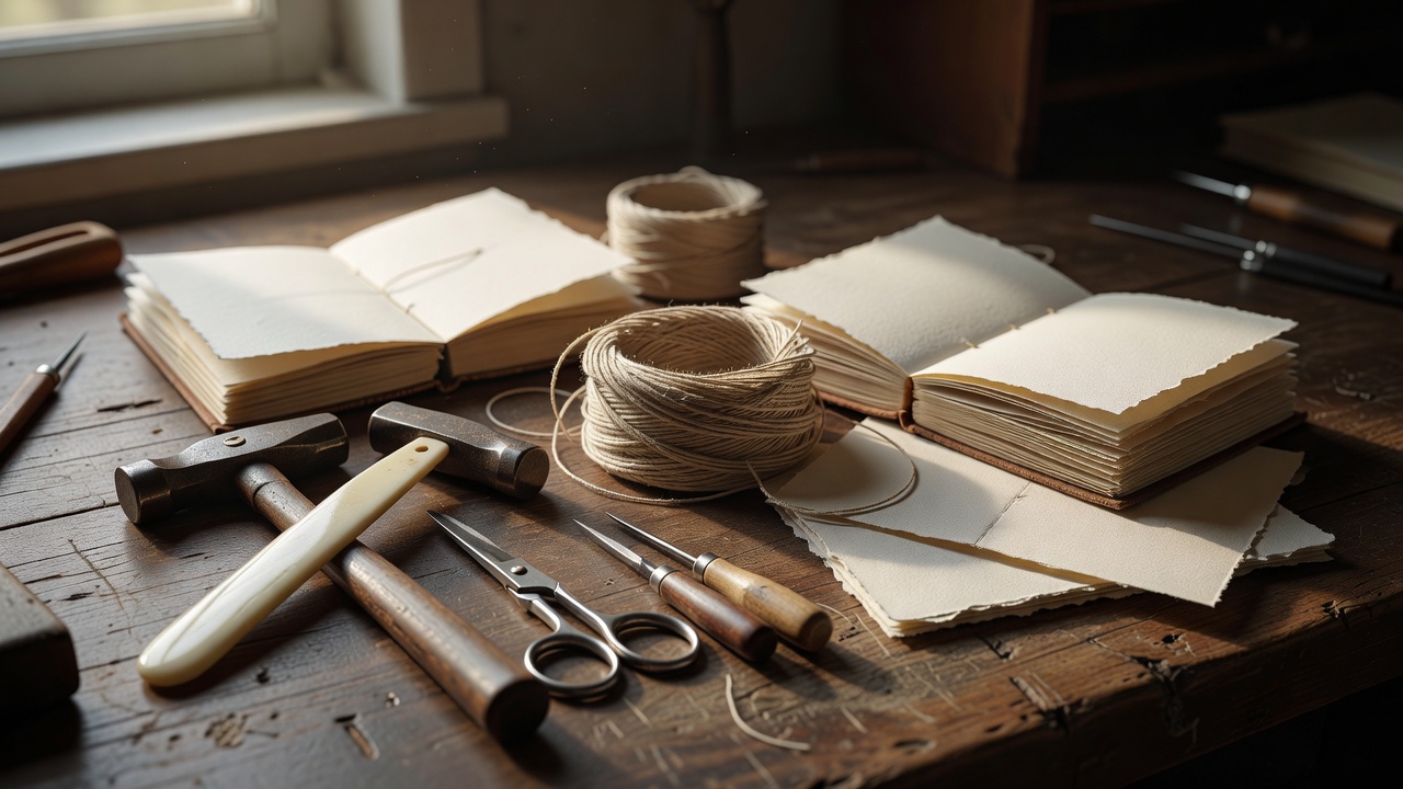 Bookbinding tools, linen thread, and paper signatures