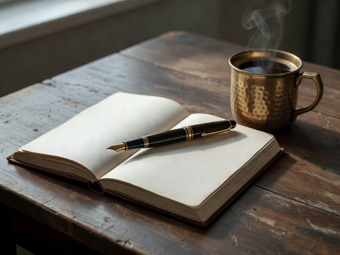 Fountain pen resting on open linen journal with brass coffee mug