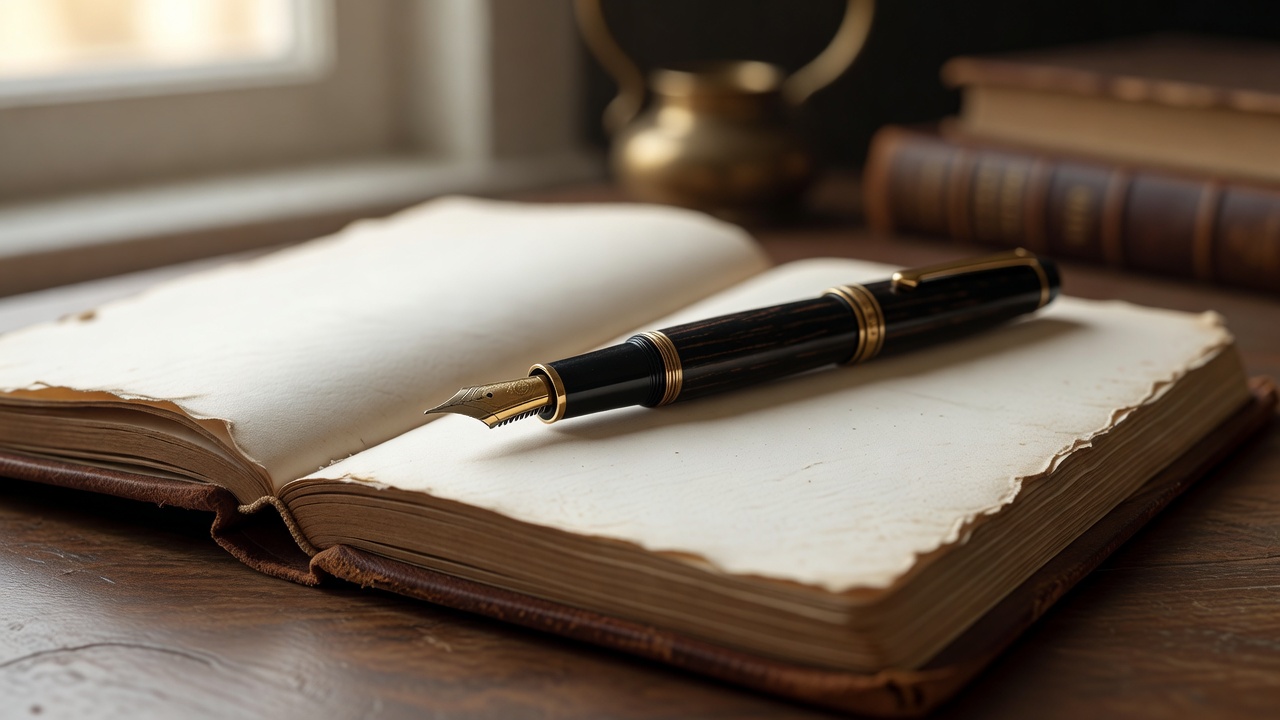 Fountain pen resting on vintage paper notebook