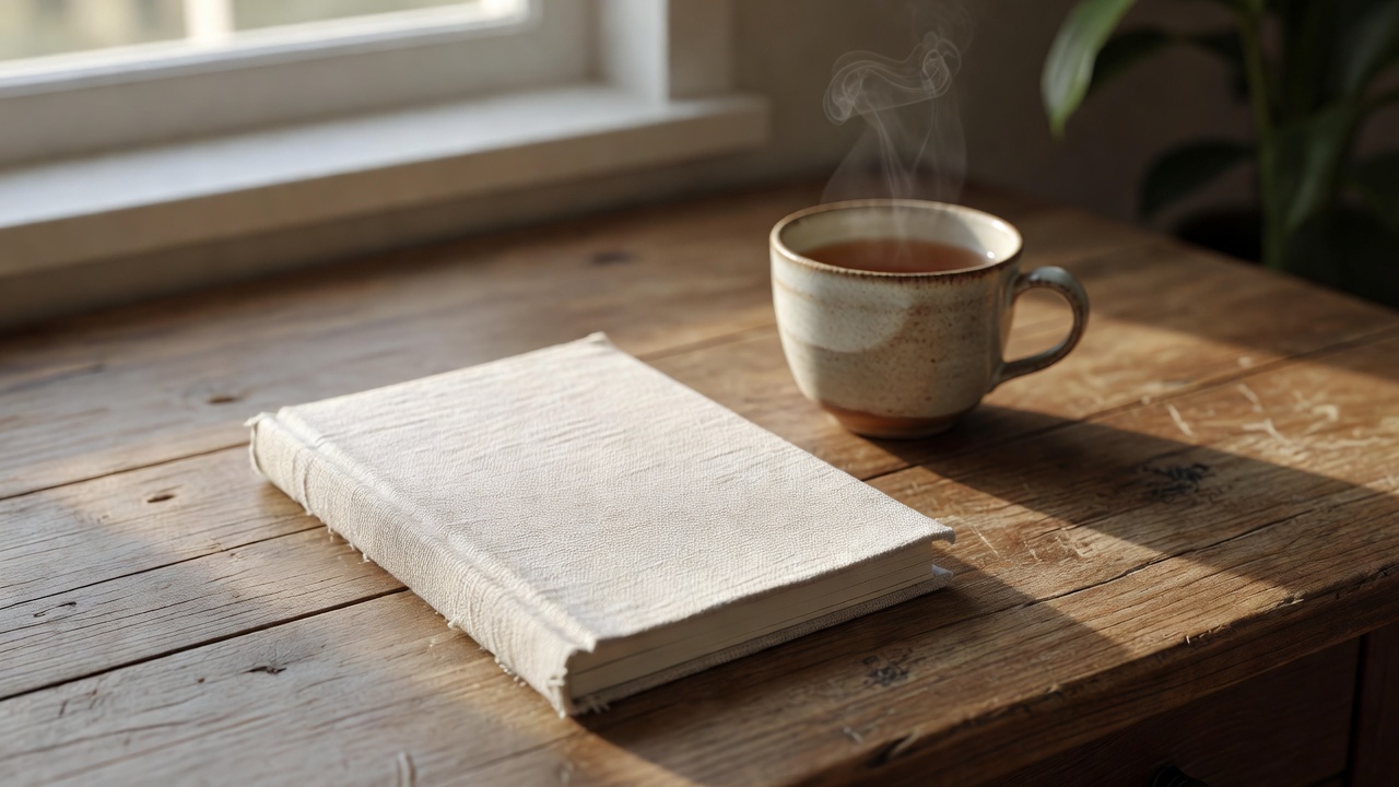 Linen notebook on desk next to tea cup