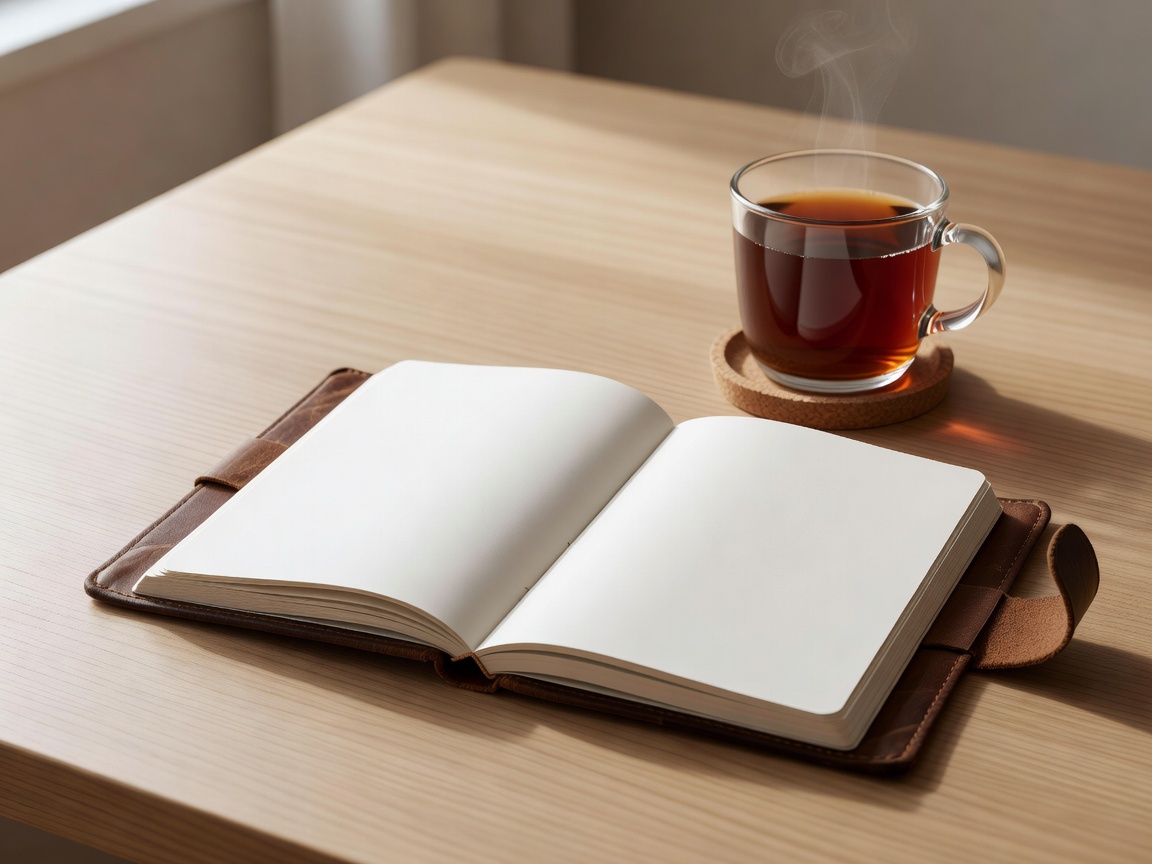 Calendar book on clean wooden table with tea cup