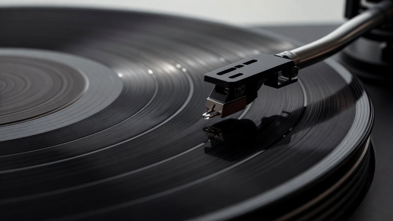 Turntable needle sitting on black vinyl record groove