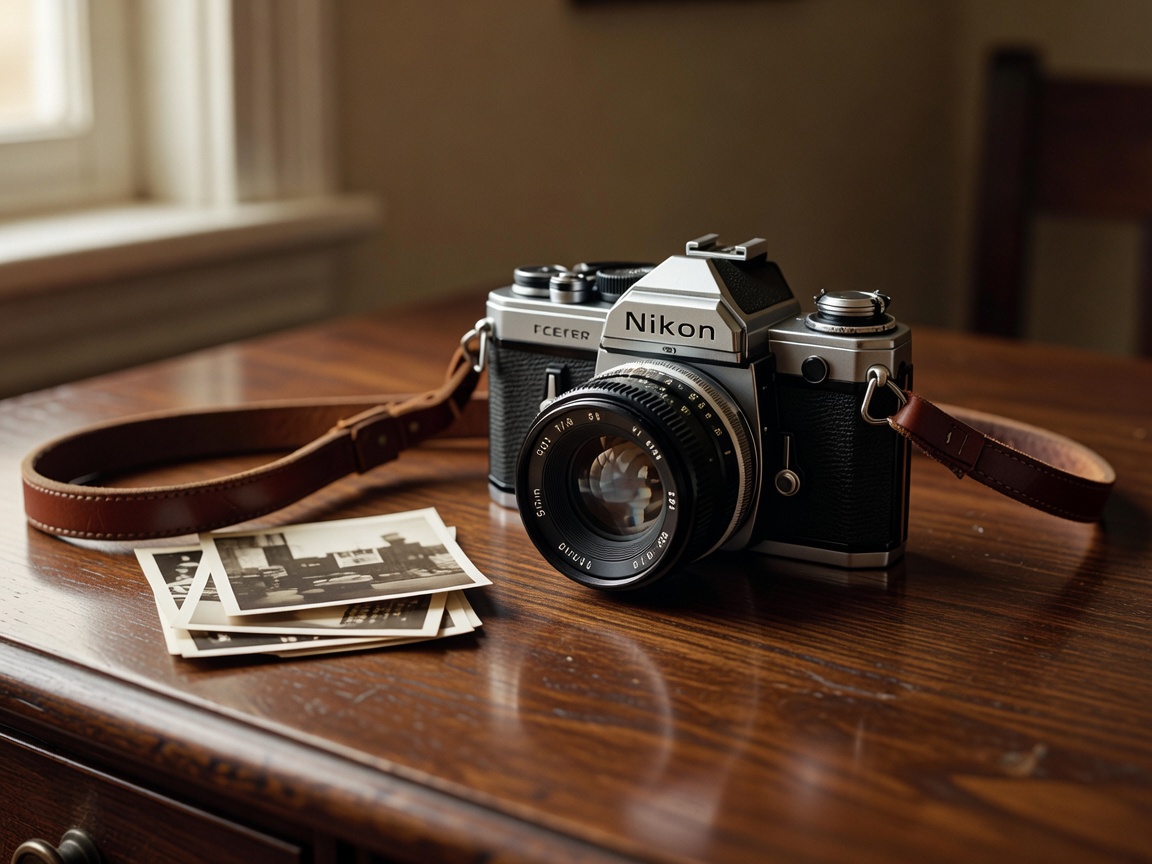 Vintage 35mm film camera sitting on wooden desk