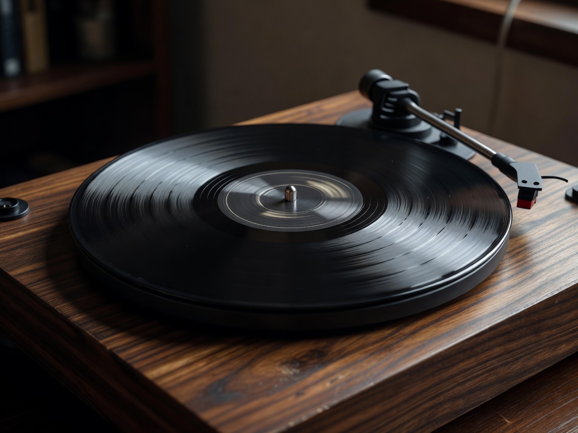 Vinyl record turning on wooden turntable